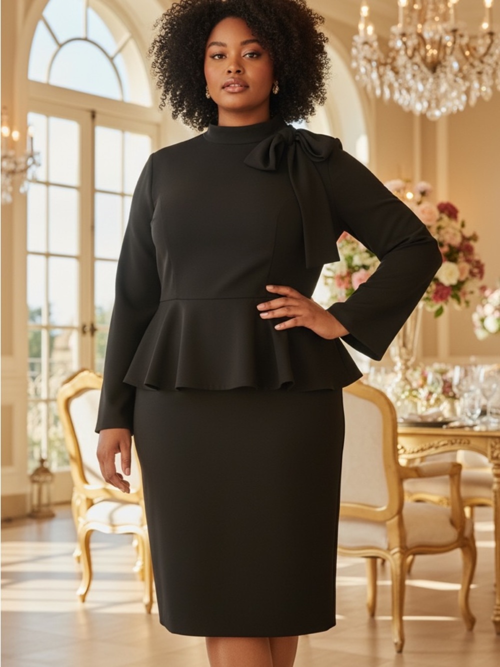 Ashley Stewart Black Peplum Midi Dress with Bow Neck